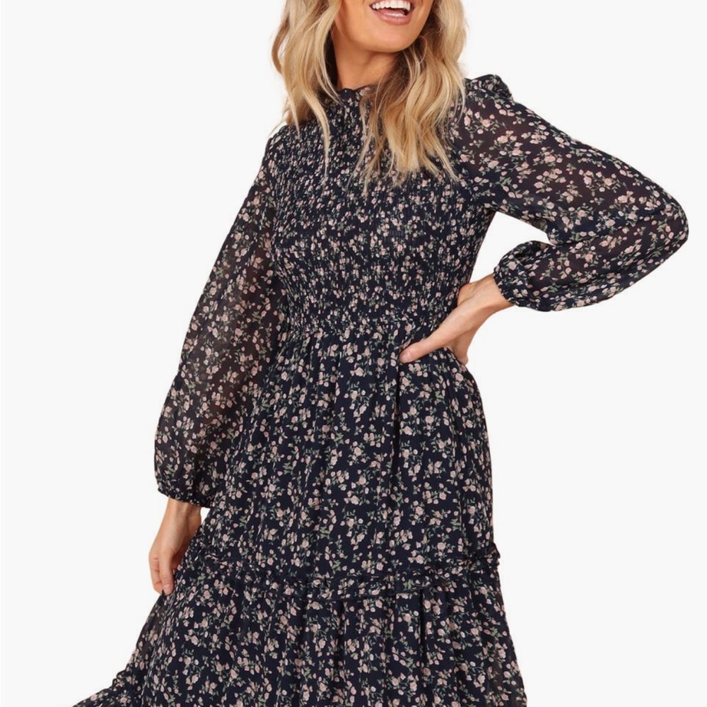 EDWINA SHIRRED FRILL LONG SLEEVE MIDI DRESS